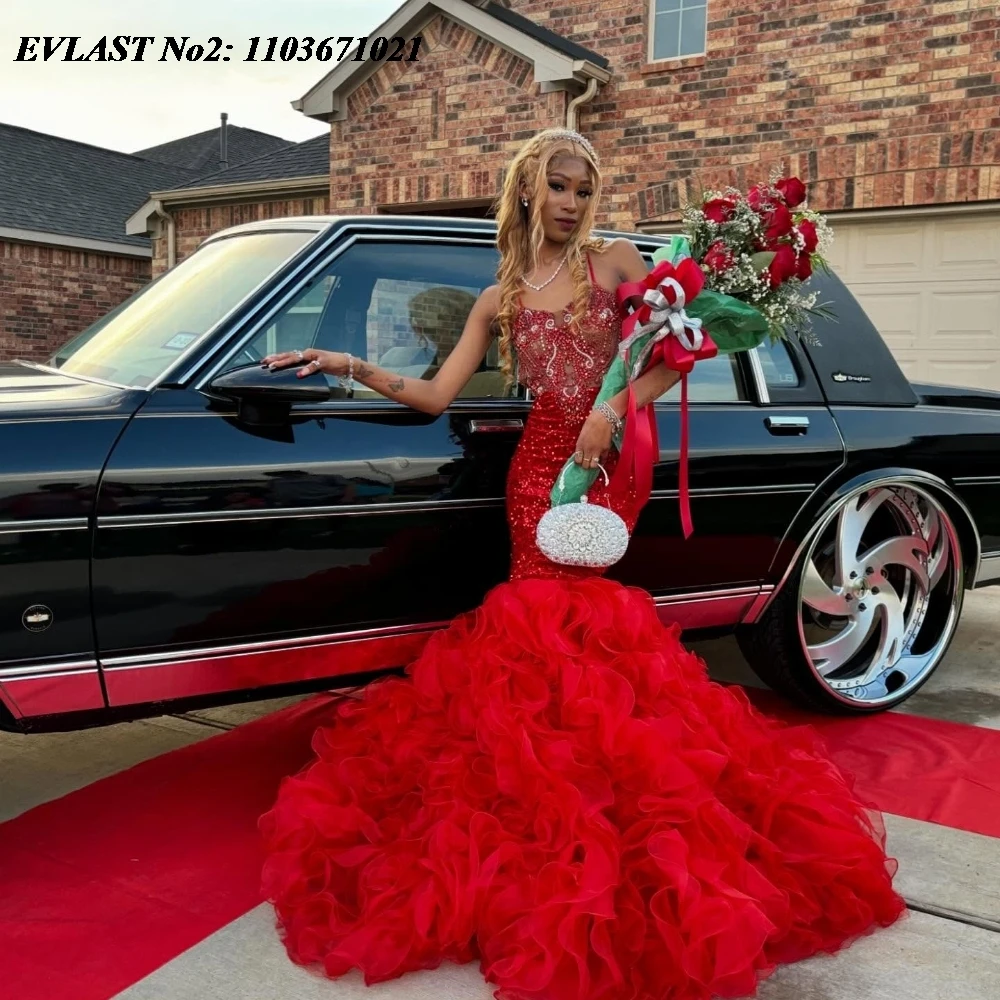 

EVLAST Красное африканское платье для выпускного вечера по индивидуальному заказу, черное многоуровневое платье русалки с бриллиантами и кристаллами для девочек, вечернее платье E2P208