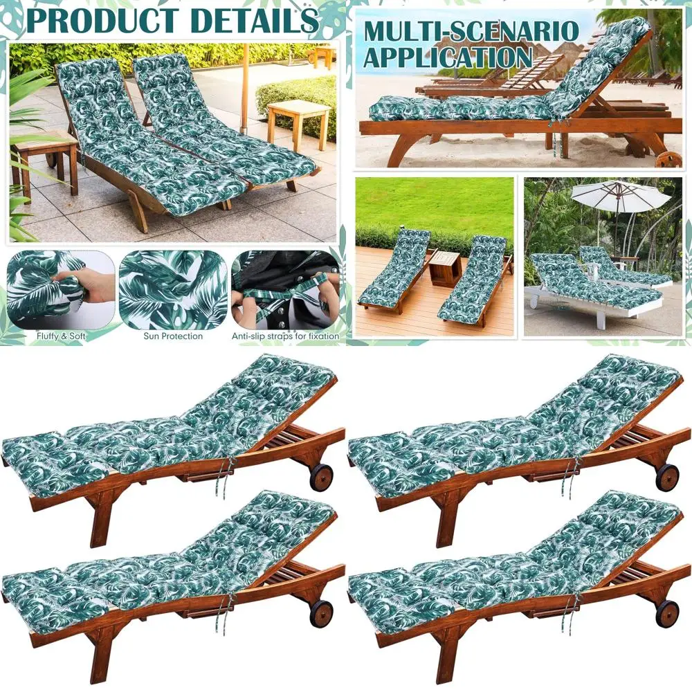 

75.1 Cotton Outdoor Chaise Lounge Cushion with Ties, Tropical Leaf Pattern, Yellow-Green