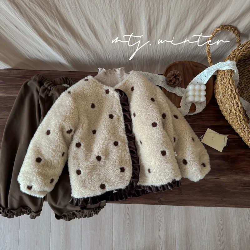 Winter New Girls Polka Dot Embroidery Plush Coat Children Cotton Padded Jacket Fashion Baby Girl Cute Lace Coat Warm Coat