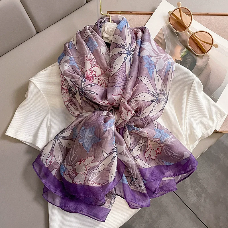 

Silk Scarf Folral Women Summer Hijab 2025 Luxury Print Sunscreen Shawl Wraps Bandana Ladies Head Scarves Large Foulard Echarpe