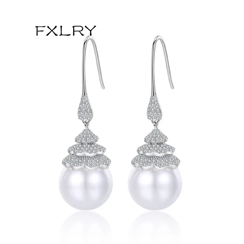 FXLRY New Design Elegant White Color AAA Cubic Zircon  Pearl Earrings For Bride Wedding Dinner Fashion Jewelry