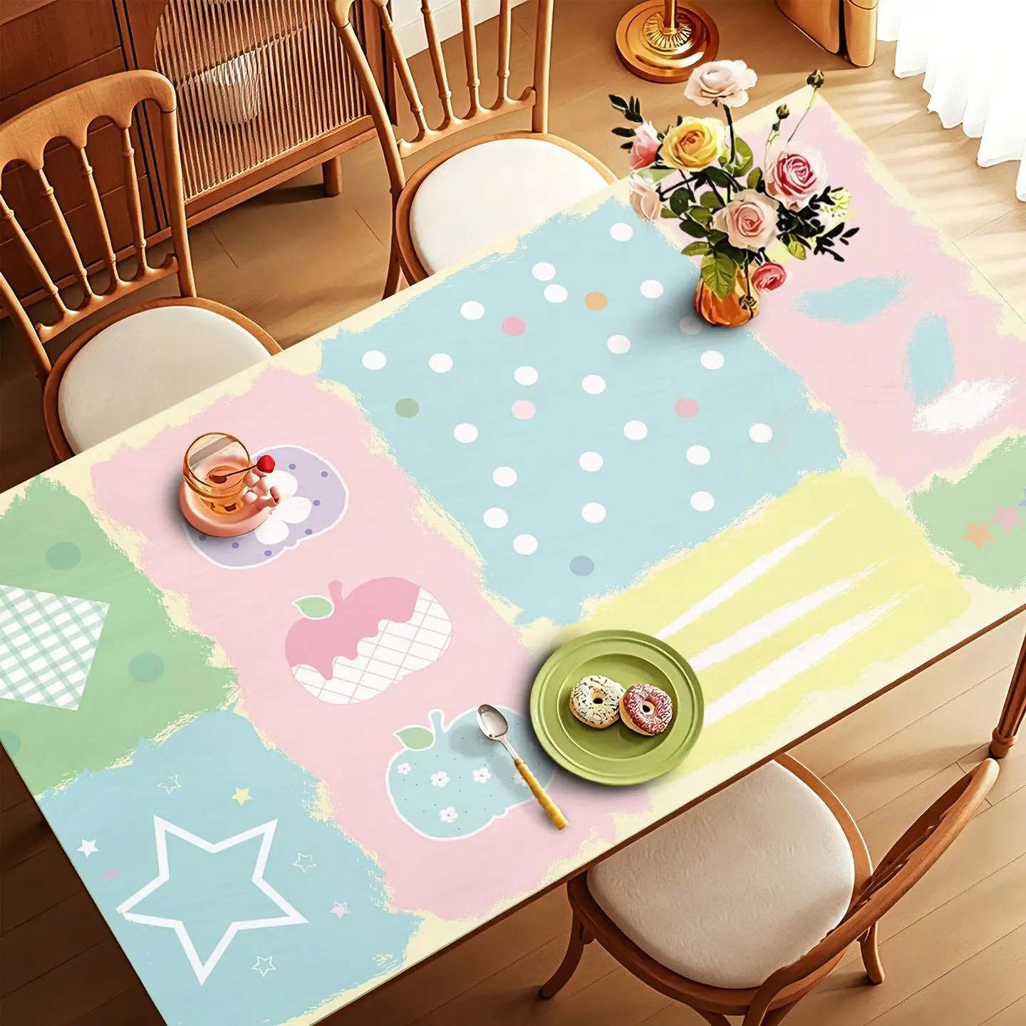 Leather Desk Pad Protector Splice Apple Star Polka Dots Colorful Y2K Girl Mouse Pad Office Desk Mat Non-Slip PU Desk Blotter Pad