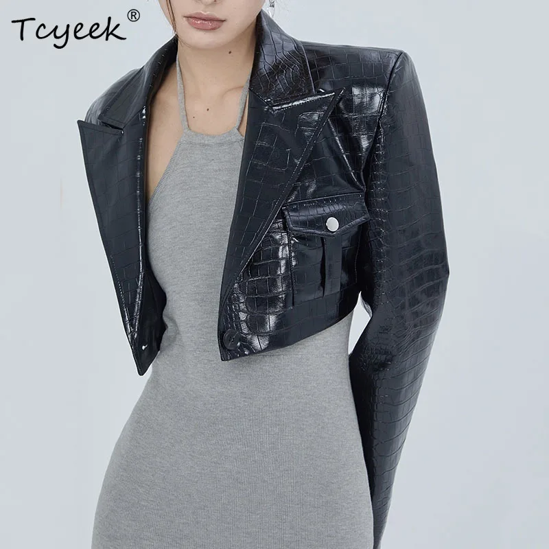 

Genuine Leather Jacket For Woman 2023 Spring New Y2K Korean Short Slimming Suit Jacket Embossed Lapel Locomotive Sheepskin Coat