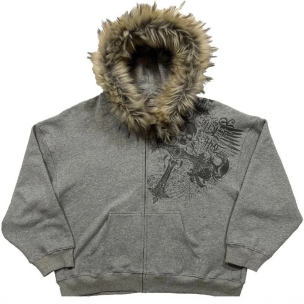 Vintage Dark Pattern Print Furry Trim Hooded Zip Jacket Loose Fit Pocket Daily Hip Hop Casual Hooded Sweatshirt
