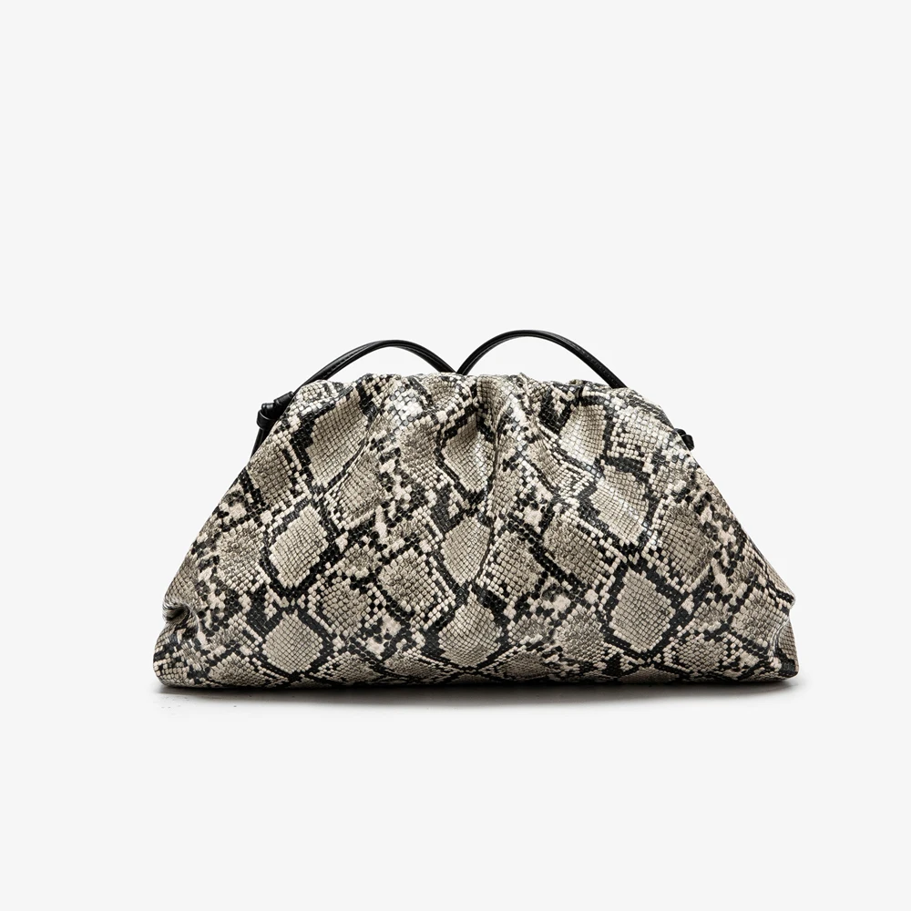 SHELKSBAG Women Elegant Snakeskin Cloud Clutch Bag Ruched Python Print Soft PU Evening Handbag Thin Strap Crossbody Shoulder Bag