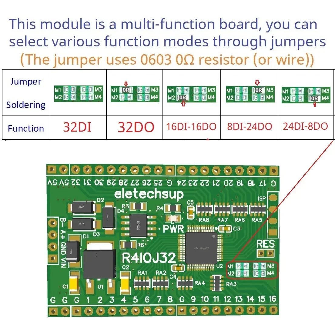 32CH RS485 2.54mm Pin Core Board Modbus Rtu Input and Output Control PLC HMI Remote IO Expanding Board R4IOJ32 DC 5V 12V 24V