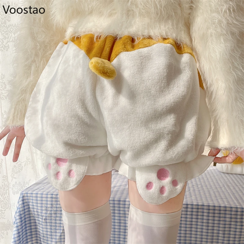 Autumn Winter Warm Lolita Safety Short Pants Women Sweet Cartoon Dog Pumpkin Shorts Girls Plush Home Clothes Kawaii JK Bloomers