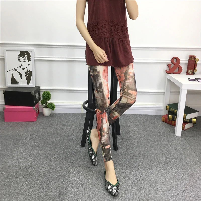 Leggings en maille mince pour femmes, taille haute, élastique, style chinois, imprimé, crème solaire, capris, collants de yoga, pantalons animés, été, 2025