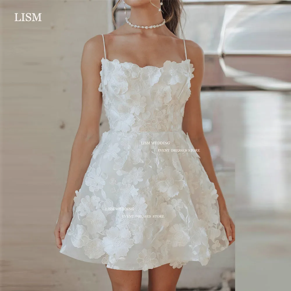 

LISM Elegant Applique Short A-Line Wedding Dresses 3D Flowers Spaghetti Strap Mini Bridal Gowns Corset Back Formal Party Dress