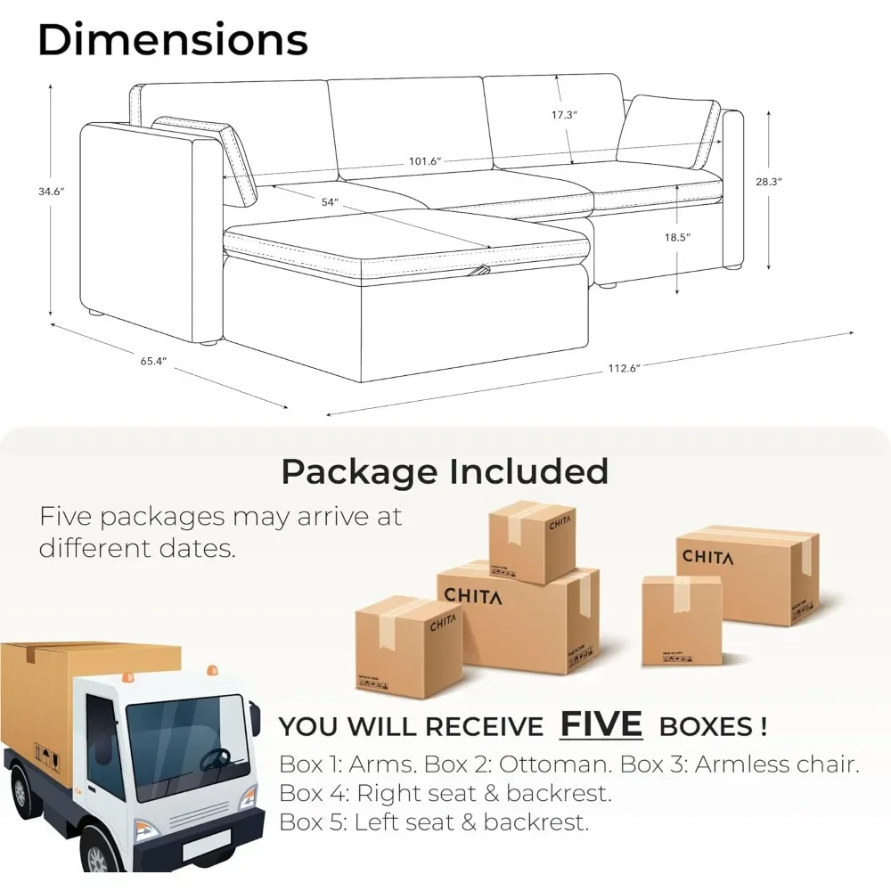 Modular Sectional Fabric Sofa Set with Reversible Chaise, 112 Inch Width, 4 Seat Modular Sofa with Storage Ottoman