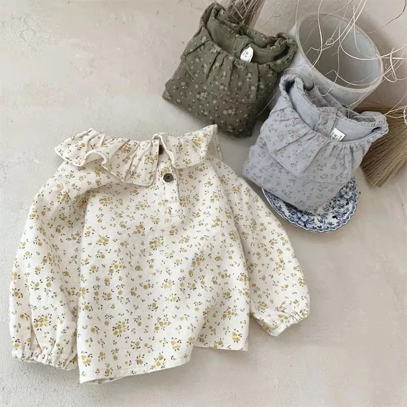 

2024 Floral Baby Girl Shirt Spring Autumn Ruffle Collar Cute Newborn Girls Top Children Long Sleeve Clothing Cute Flower Tops
