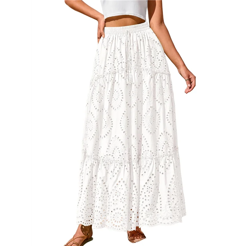 

NEW-Women's Boho Casual Summer 2025 Lace Embroidery Eyelet Elastic Waist Flowy Tiered A-Line Beach Maxi Skirt