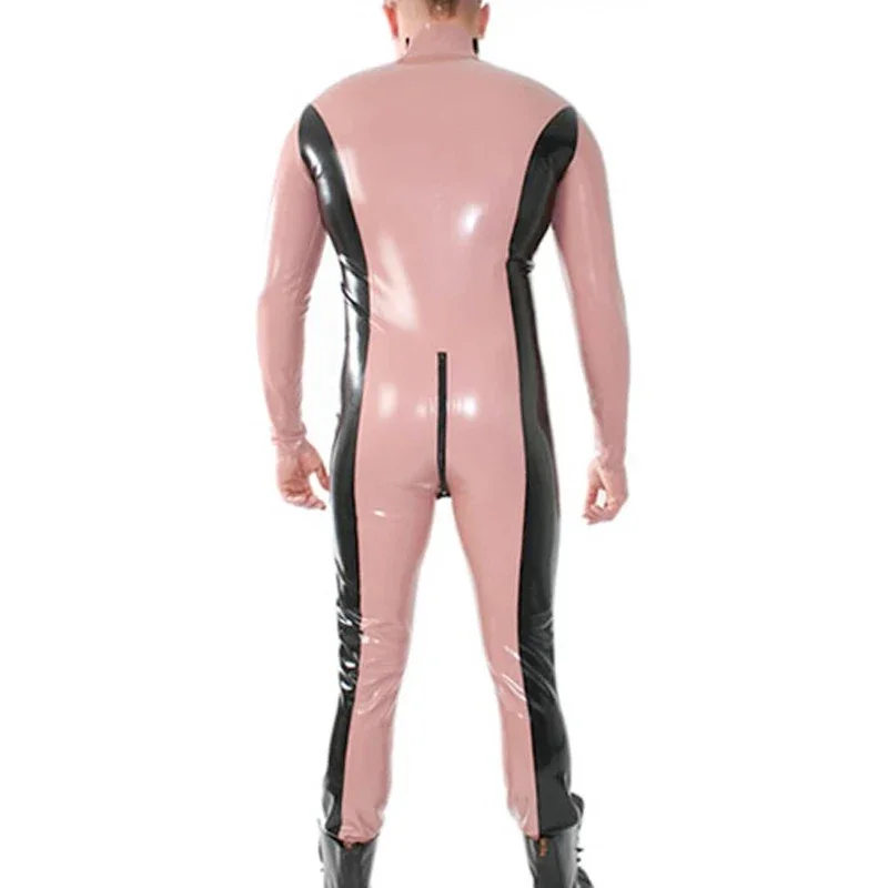 Latex Catsuit Baby Pink and Black with Shoulder Anal Zipper Codpiece Rubber Jumpsuit Bodysuit No Socks