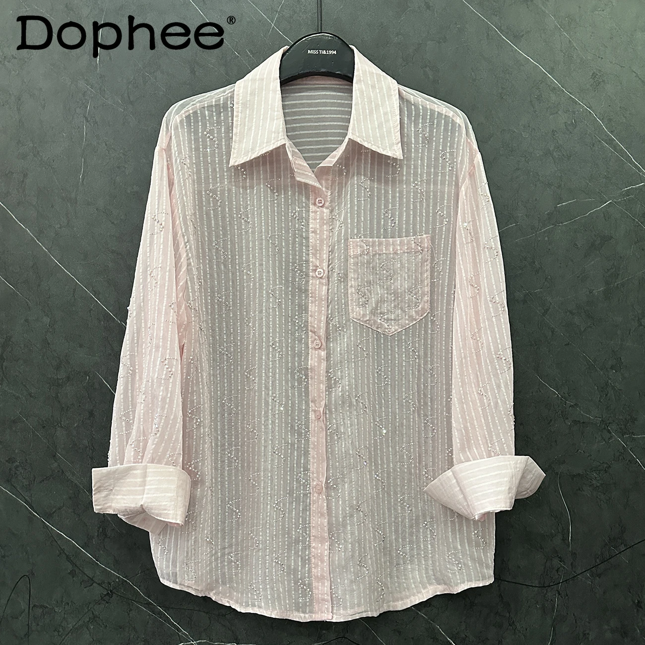 2025 Summer New Hot Diamond Letter Thin Long-sleeved Shirt Women's Loose Casual Style Versatile Sunscreen Shirt Top