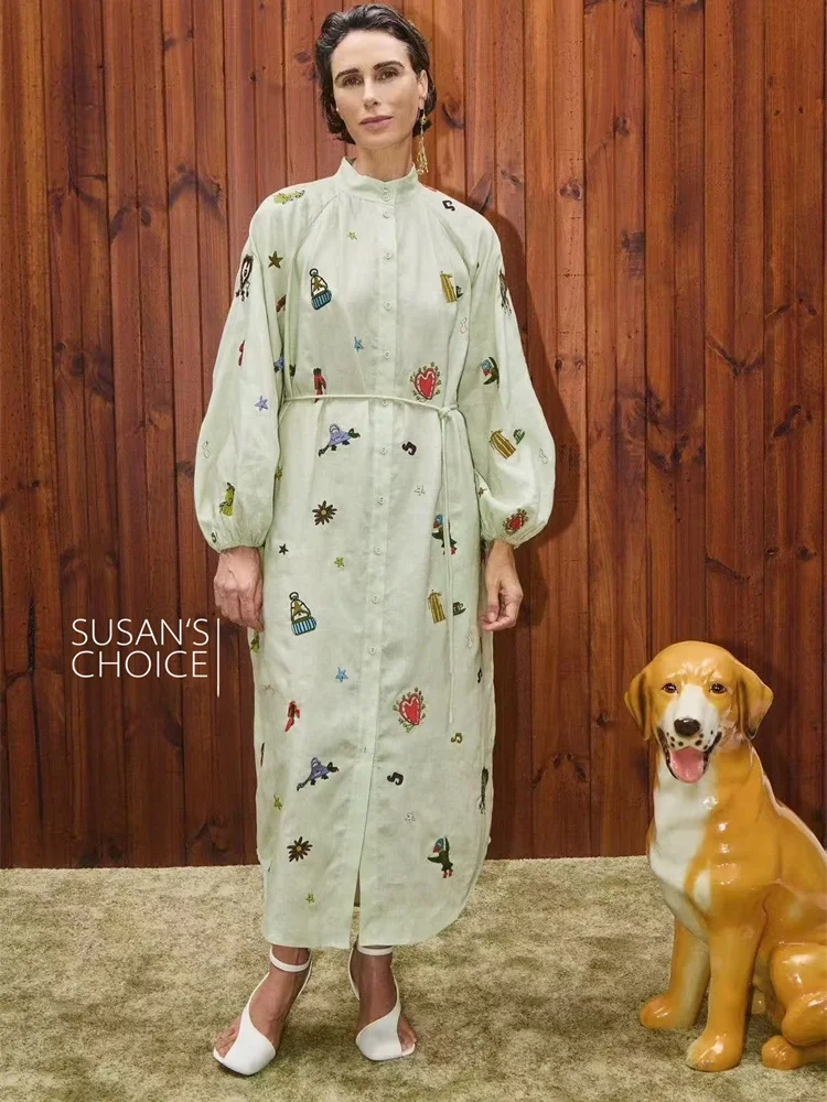 

Susan Australian Early Autumn New een round Ne Linen irt Dr Lantern Sve Casual Sle Women's Clothing Dr