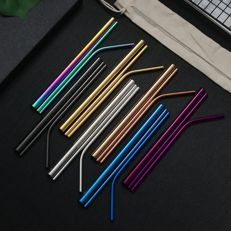 Metal Reusable 304 Stainless Steel Straws Straight Bent Drinking Straw With Case Cleaning Brush Set Party Bar accessory