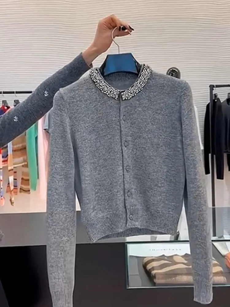 エレガントなニットのダイヤモンド装飾入りカジュアル長袖ラウンドネックオープンカーディガン、スリムデザインでおしゃれな通勤スタイルレディースセーター