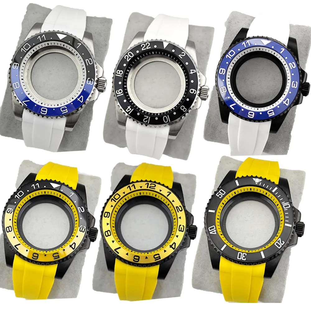 Watch Case 40.5mm Steel GMT Chapter Ring Sapphire Glass Fit NH34 NH35 NH36 Black Silver Shell Multicolor Silicone Strap
