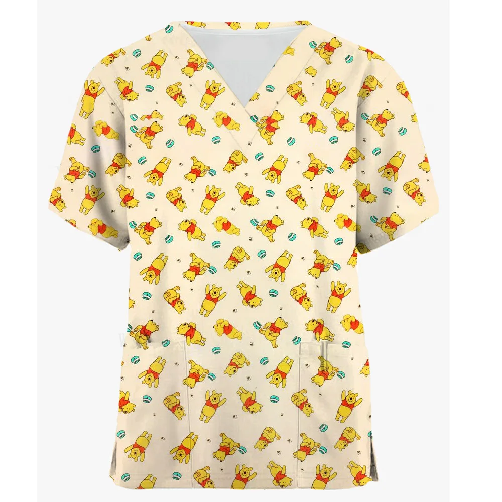 Disney Winnie The Pooh Enfermeira Uniforme para Mulheres, V-neck Tops, Manga Curta, Bolso Print, Saúde, Pet, Clínica, Carrinho, Workwe 1 Rev, 1.0