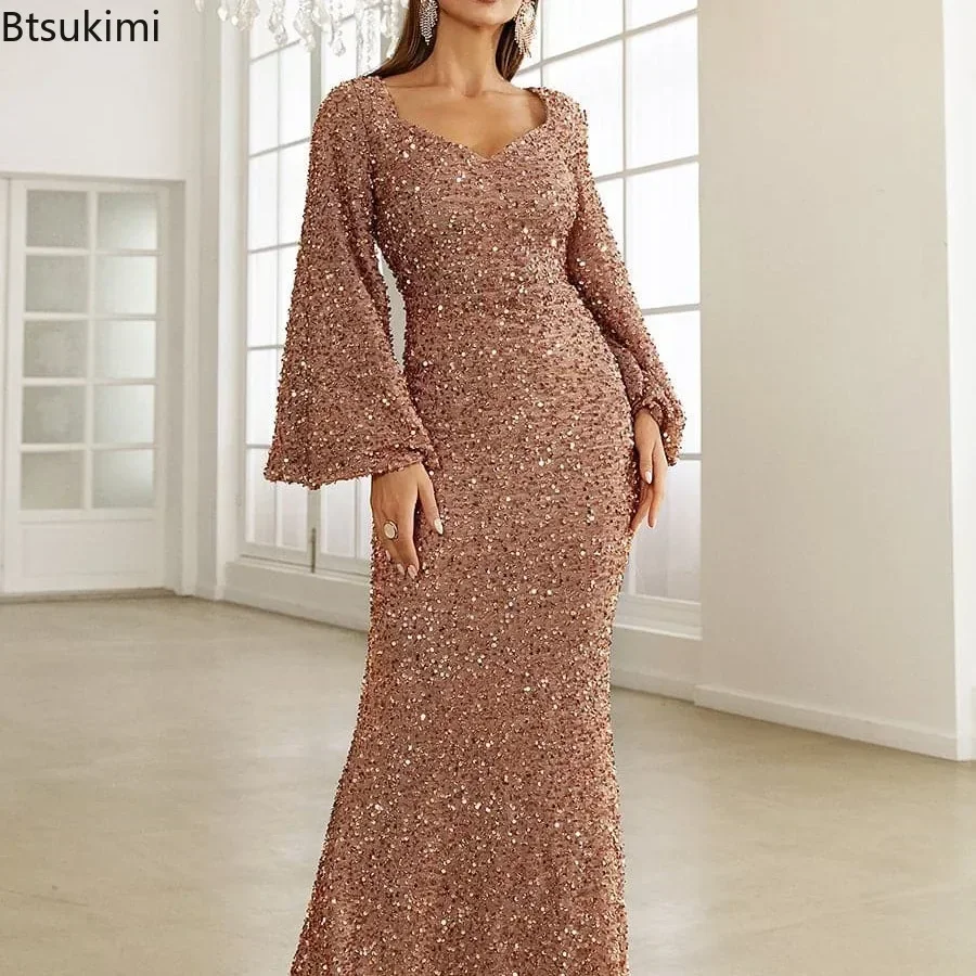 

New 2025 Women's Elegant Sequins Party Maxi Dress Sexy Flare Long Sleeve V-neck Hip Wrap Dress Lady Sweetheart Evening Dresses