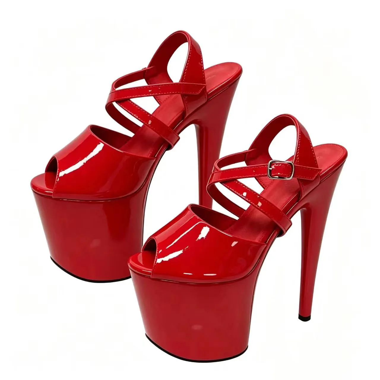New Patent leather small fish mouth Pumps 20CM super high heel buckle sandals pole dancing fashion model women's shoes 1K