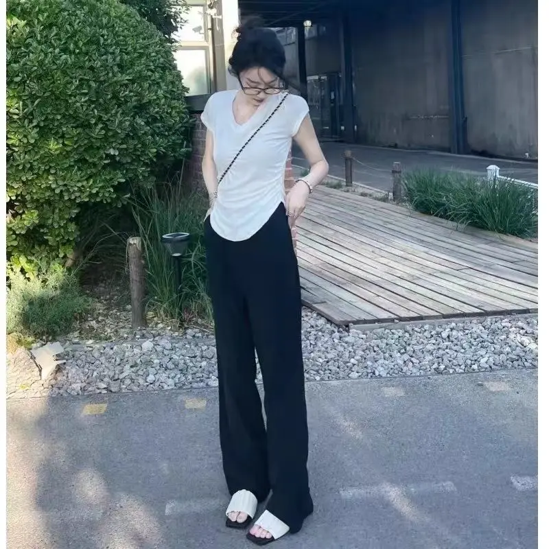 Summer new slim fit and slimming V-neck shoulder t-shirt top+fashionable casual wide leg pants women's two-piece set