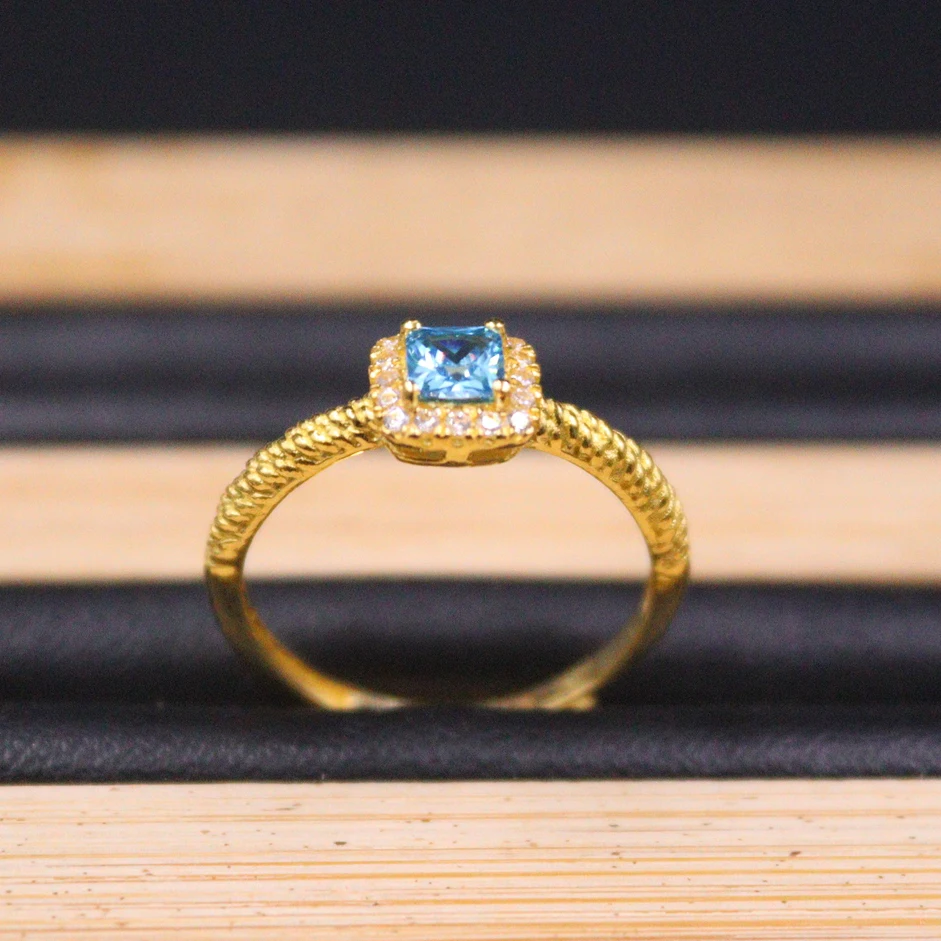 999 Pure 24K Yellow Gold Ring For Women Blue Cubic Zirconic Square Gemstone Engagement Sugar Twist Band Ring 6-8 Size