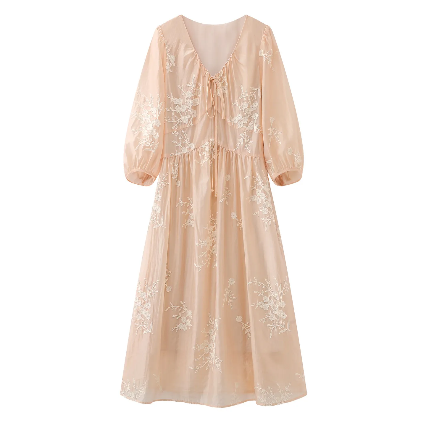 French Pink Floral Embroidered Tassel Dress V-neck Drawstring Waist 3/4 Sleeve Chiffon Maxi Dress Luxury Party Prom Vestido Robe