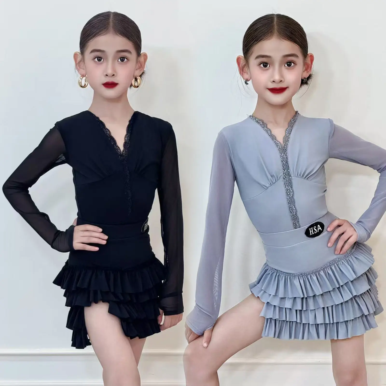 Latin Dance Practice Set Children's Women's Competition Training Suit V-neck Splicing Art Test Dance Suit