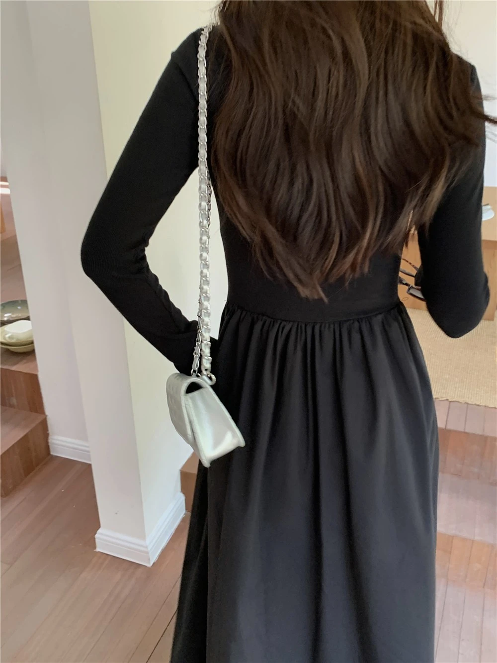 Vestidos de manga comprida vestido feminino dama de honra outono malhas painéis smocked gola alta linha h estilo preppy calor artístico chique