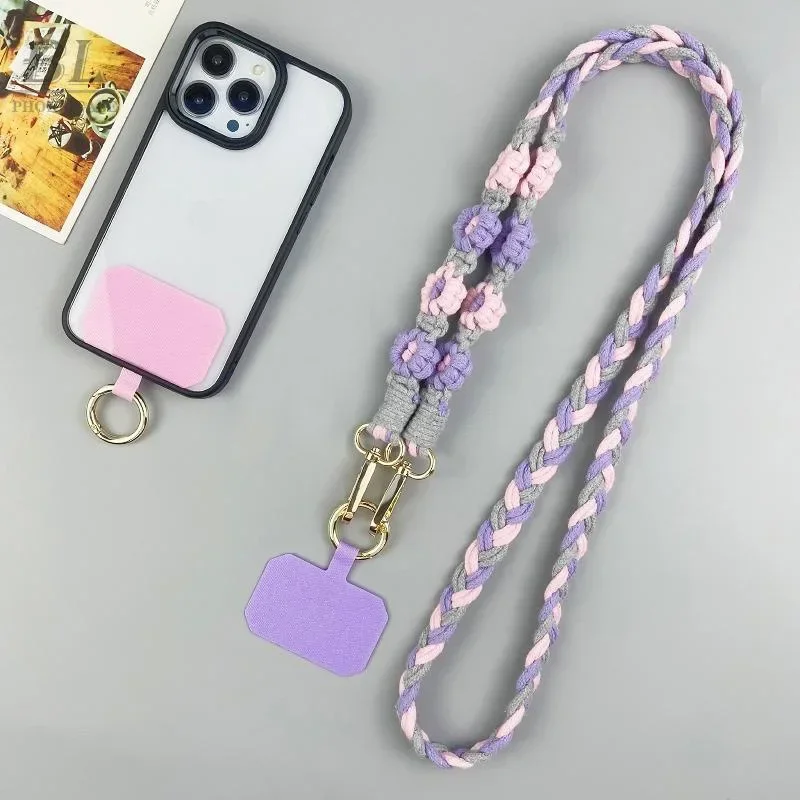 125CM Weave Flowers Phone Lanyard Charm Pendant with Patch CellPhone Hanging Rope Jewelry Girl Birthday Universal Neckband Strap