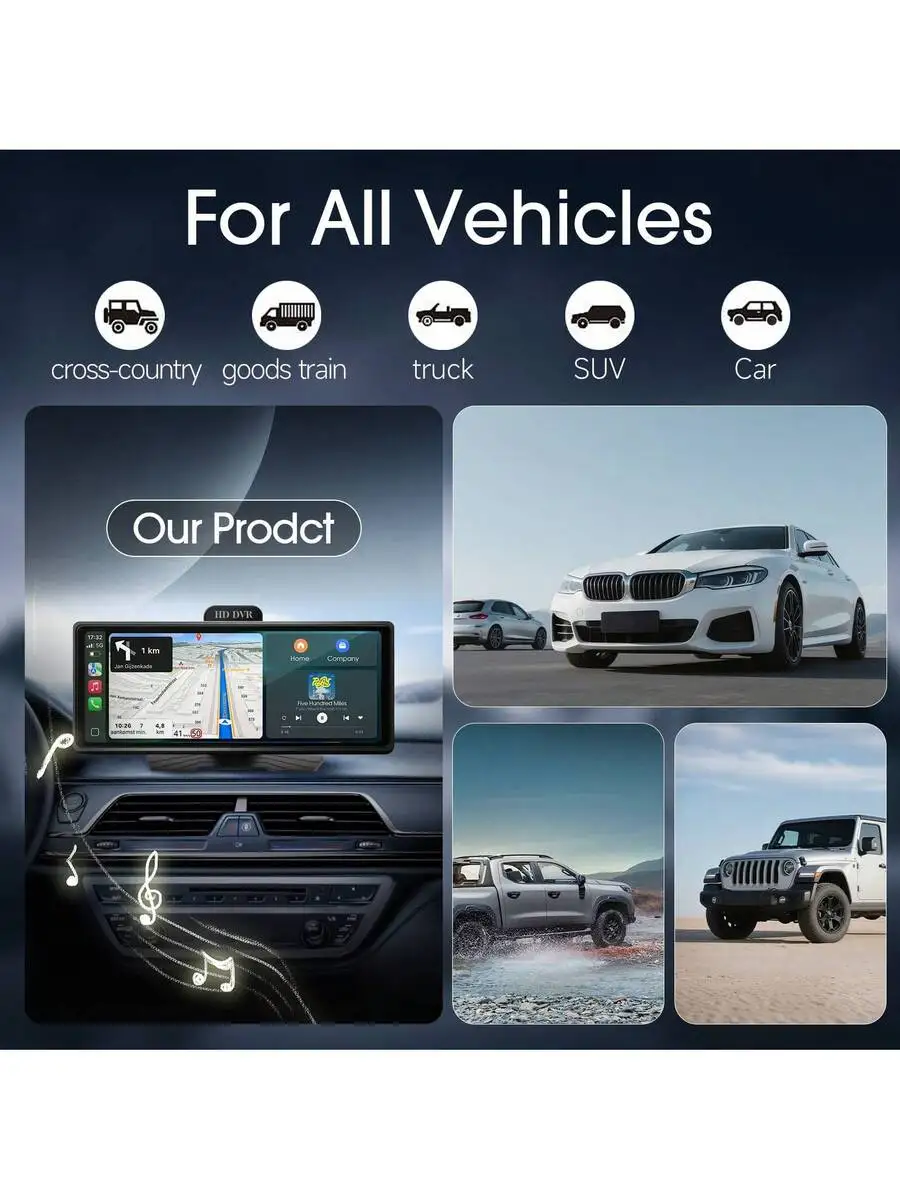 

10.26-Inch IPS Touchscreen Car Multimedia Player: Wireless CarPlay, Android Auto, HD DVR, FM, USB, AUX, Voice Command,