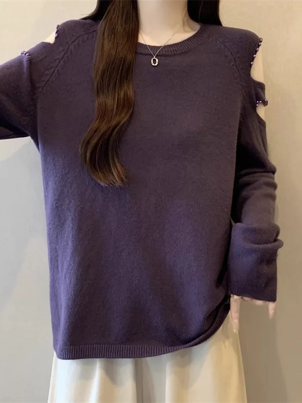 

Модный фиолетовый длинный трикотаж с огорожами на плечах, женский свободный повседневный дизайнерский топ больших размеров на осень-зиму для молодых женщин