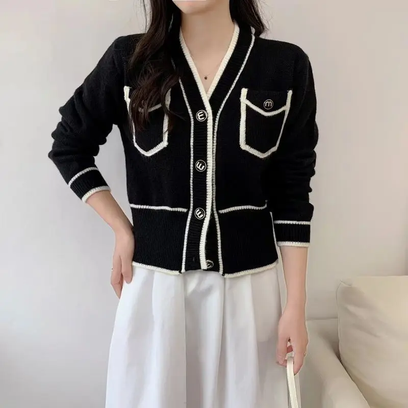 French niche light familiar knitted cardigan jacket women small fragrant famous lady royal sister design color contrast sweater