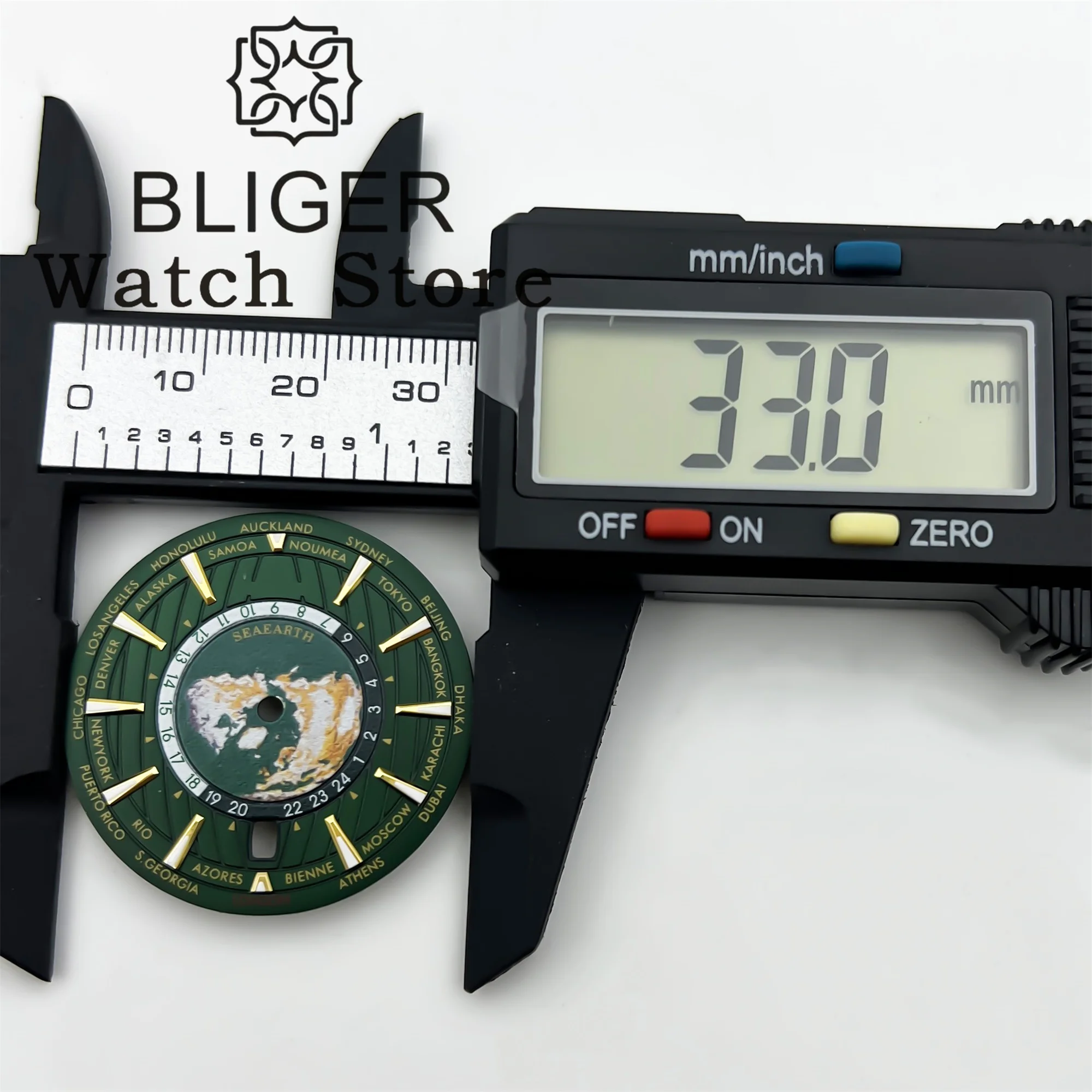 BLIGER 33mm NH35 6 o \'clock Date Dial Black Blue Green Dial C3 Green Luminous For NH35 NH36 movement