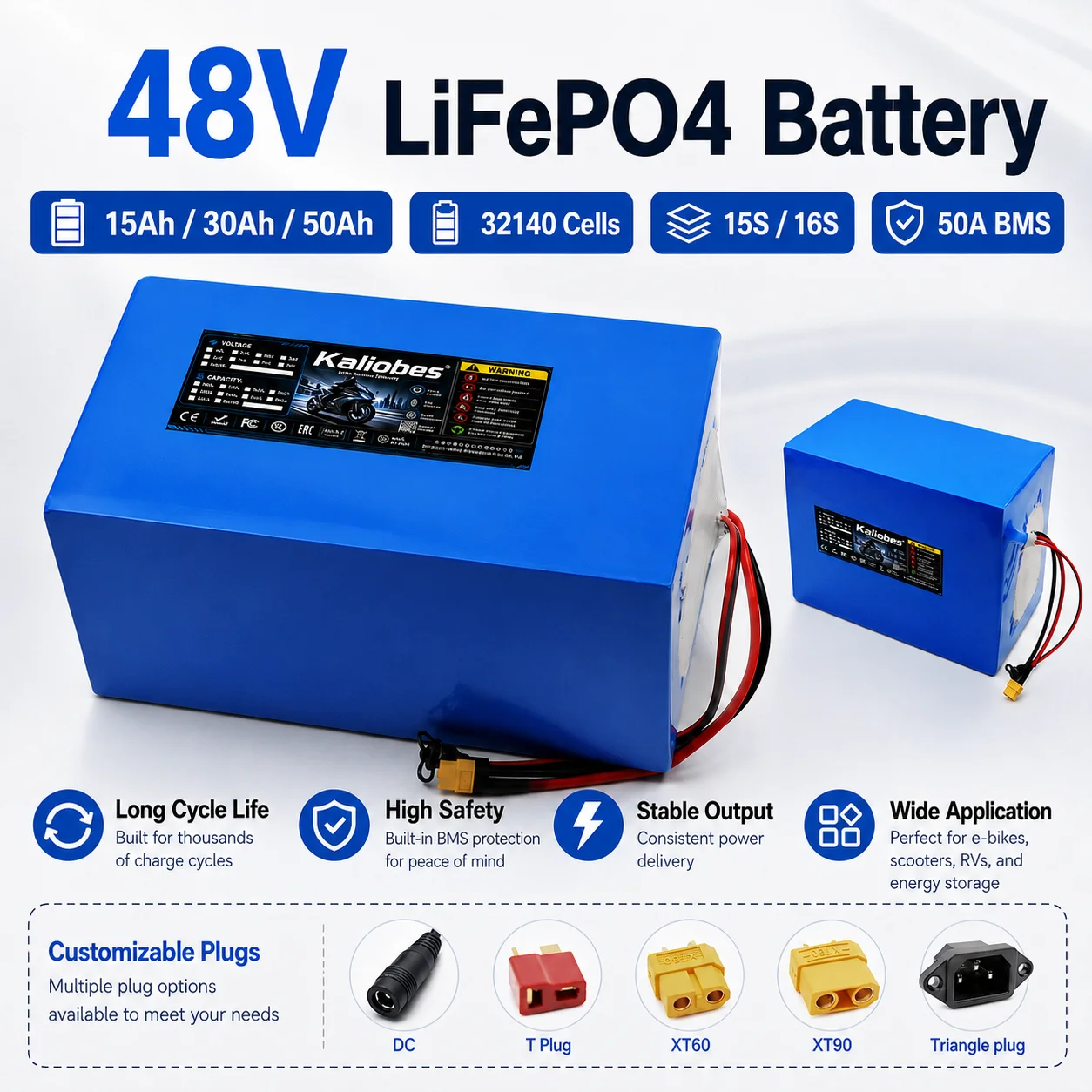 32140 48V 15Ah 30Ah 50Ah Lifepo4 Battery Pack,Built-in 50A BMS,2560W Power,Suitable for Electric Two Wheelers and Three Wheelers