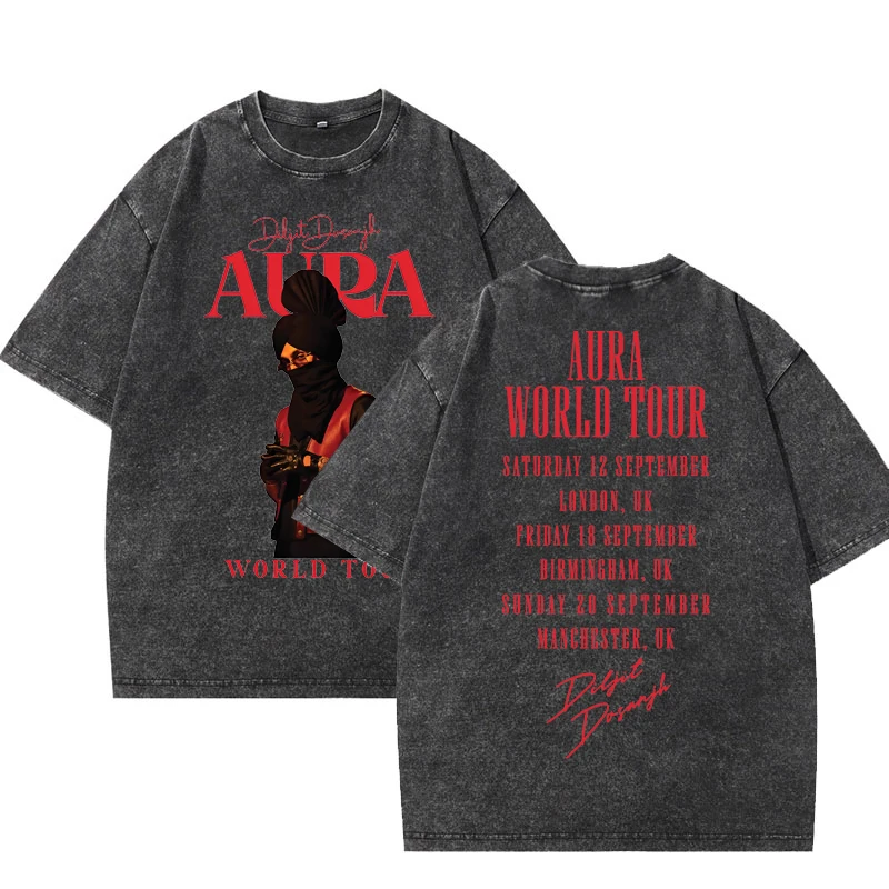Aura Title Diljit Dosanjh 2026 T Shirt Vintage Washed T-shirt Casual Hip Hop Cotton Short Sleeve Tshirt Designer Clothes