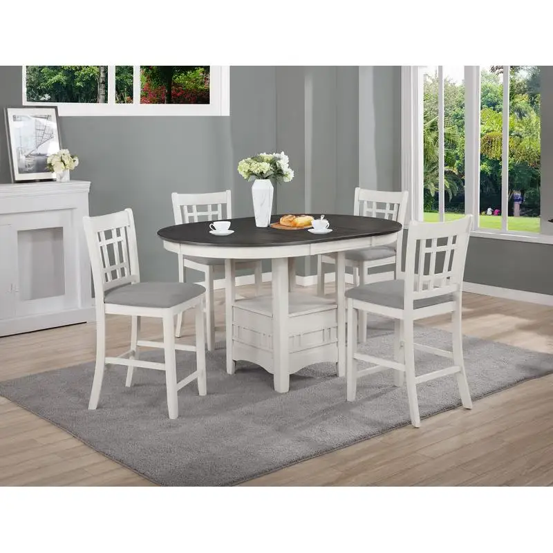 

5 Piece Counter Height Dining Set, Light Gray Upholstered Fabric, Wooden Dining Room Furniture, Chalk Gray Finish