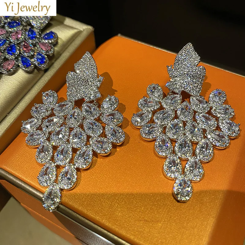 

luxury earrings for women sparkly zirconia purple blue silver gold color large dangling earrings dinner party wedding jewelry