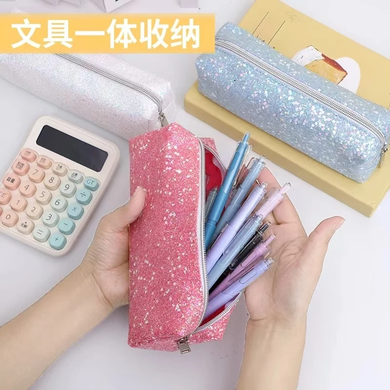 Shiny Sequin Pencil Case Boys Learning Stationery Storage Creative Simple Gold Sparkle Polyester Fiber Makeup Bag from Mainland