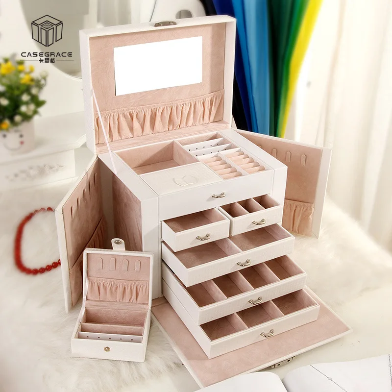 Large Jewelry Box,Leather Jewelry Organizer ,Multi-functional Storage Case with Mirror,Accessories Holder with 5 Drawers