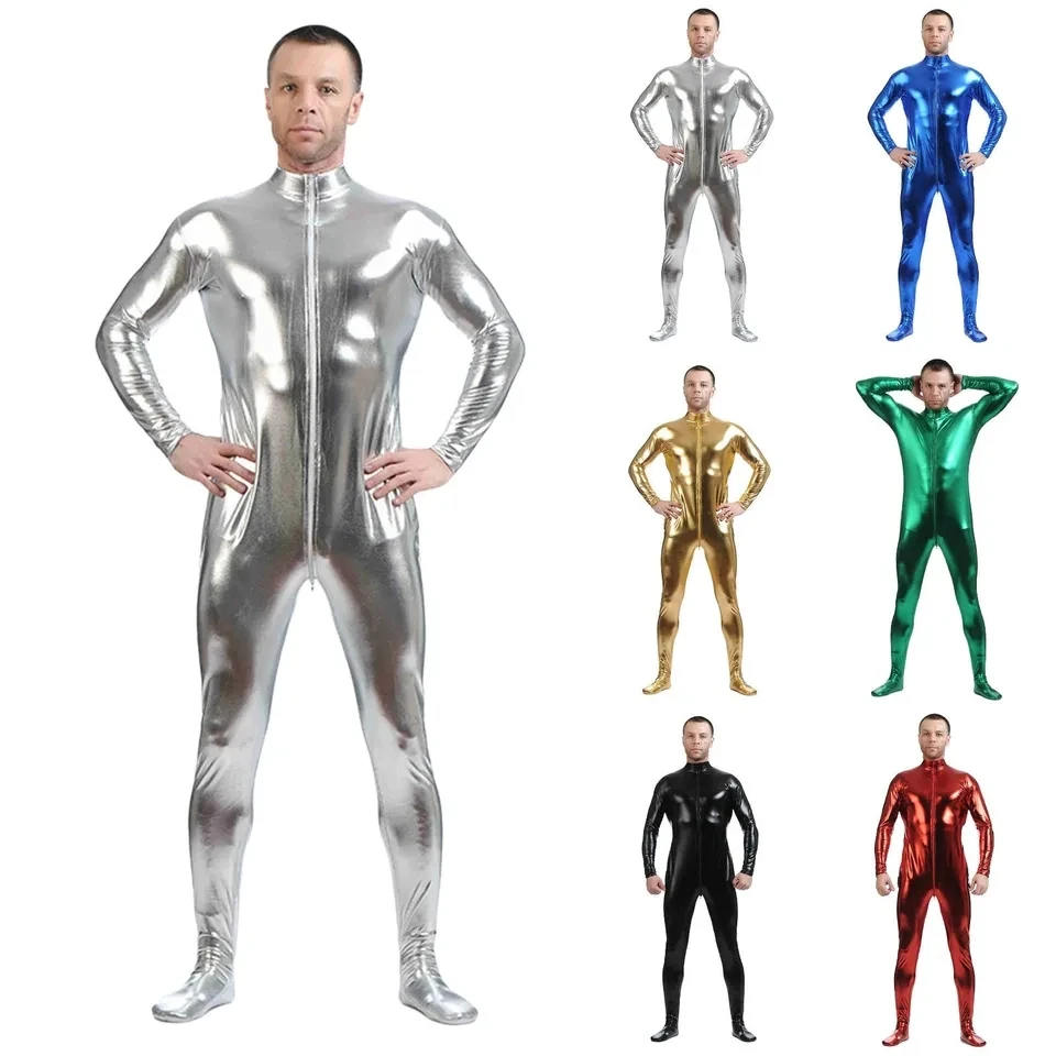 

Mens Dance Jumpsuit Zipper Mock Neck Long Sleeve Full Length Leotard Shiny Unitard Tights Rave Party Stage Performance Costumes