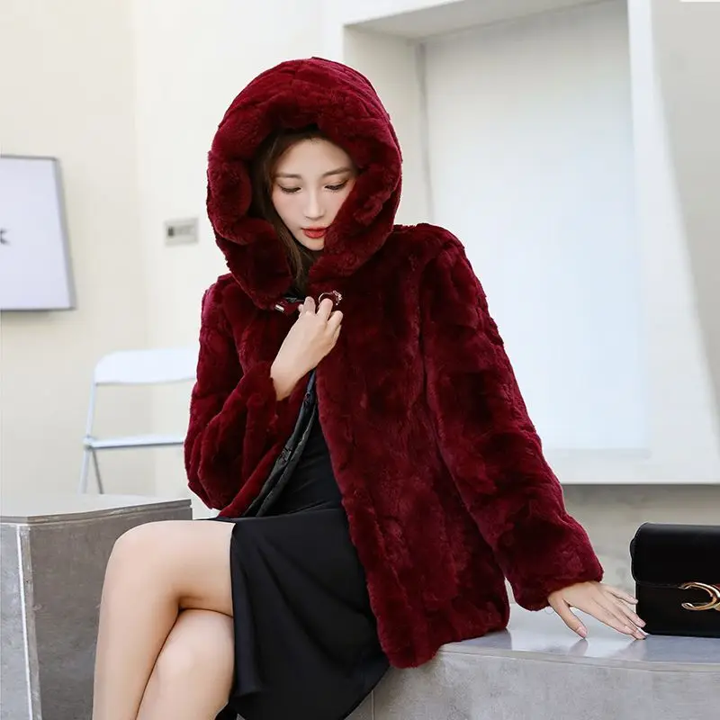 Real Rabbit Fur Hood Furry Coat Woman Luxury Fashion Leather Winter Jacket Women Whole Skin 2024 For Female Natural Tops