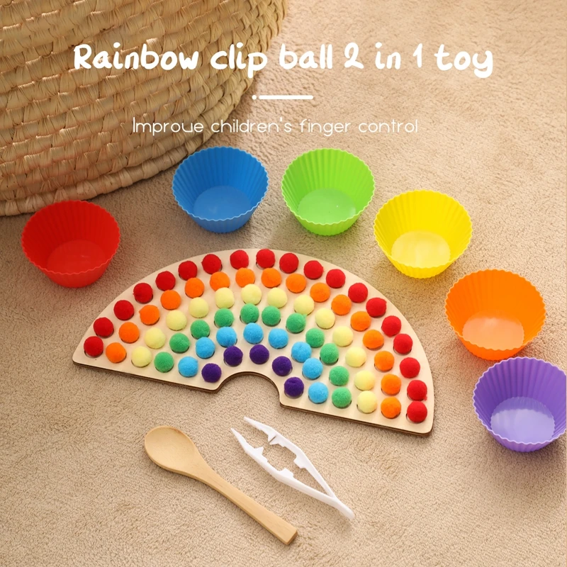 1Set Baby Montessori Toys Wooden Rainbow Board Baby Color Sorting Sensory Clip Ball Toy Children Fine Motor Skills Education Toy