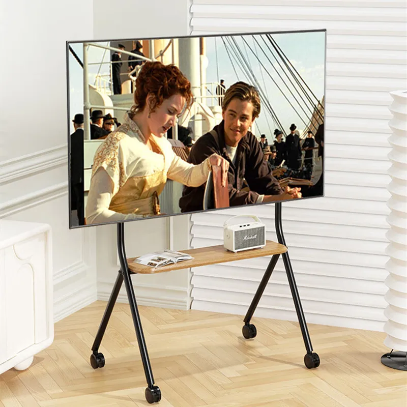 Stojak na telewizor na kółkach, mobilny stojak na telewizor z drewnianą półką, łatwy w montażu wózek pod telewizor na kółkach do telewizorów o