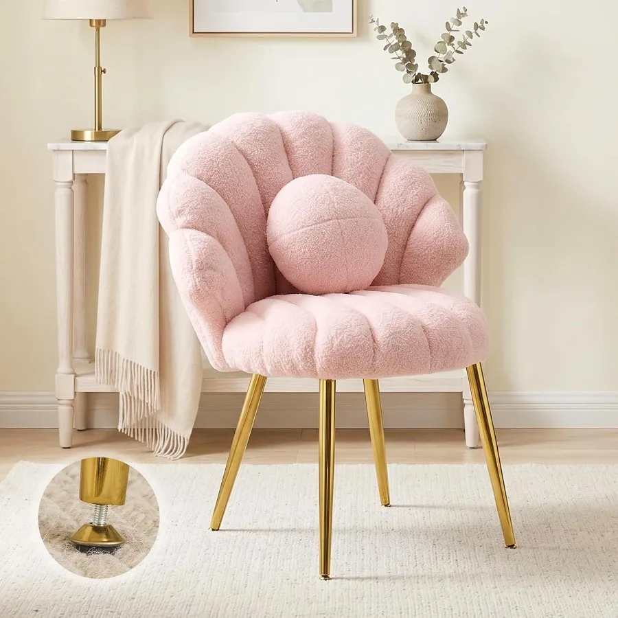 Shell-Shaped Teddy Fleece Accent Vanity Chair with Back, Comfy and Gold Desk Chair No Wheels, Cute Small Pearl Deco Pillow, Gif