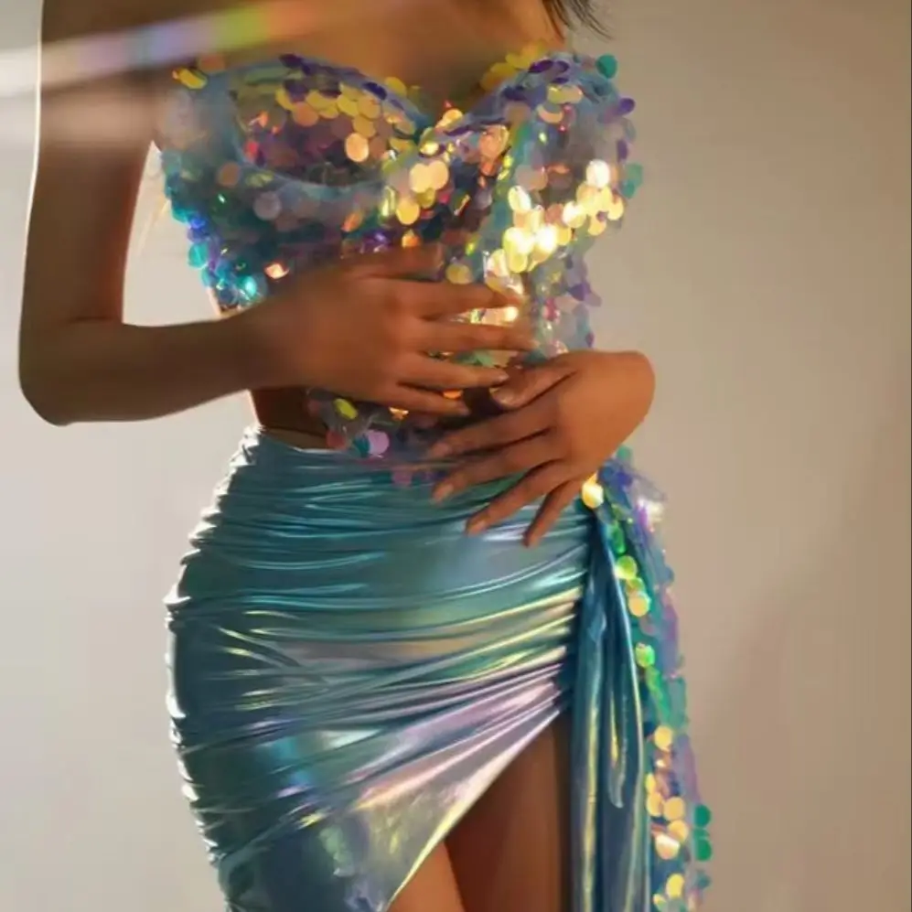 Women Fancy Sequins Crop Tops Mini Skirt 2Pieces Set Sexy Strapless Luxury Celebrate Party Club Dance Show Stage Outfit Yingbi
