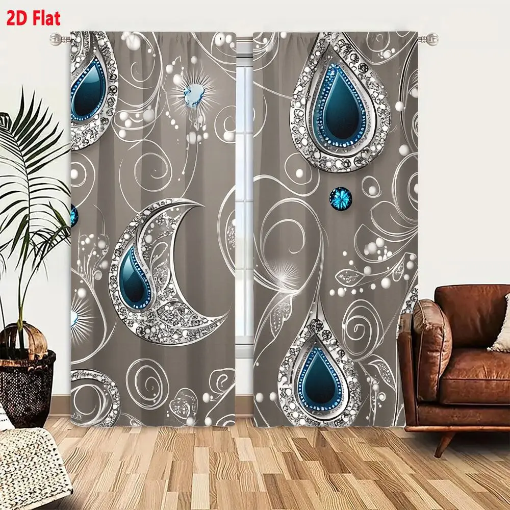 2Pcs Curtains Add 2D Flat Decorative Pattern Muted Gray Teardrop Crescent Silver Filigree White Gems Deep Blue Glossy Center Lux