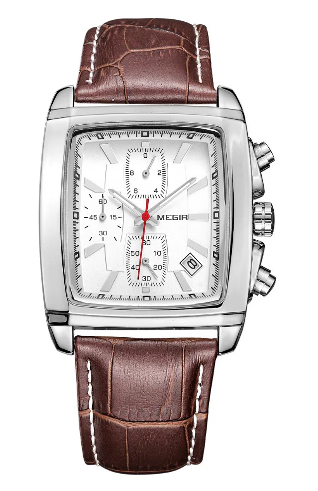 Square Six Hand Sport Quartz Watch for Men with Hot Chronograph Calendar and Waterproof PU Leather Pin Buckle