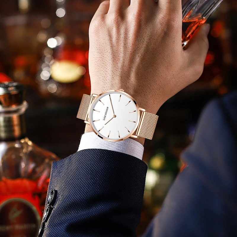 LIGE Quartz Couple Watch Stainless Steel Ultra Thin Simple Dial Wristwatch Luxury Waterproof Watches for Men Women Romantic Gift